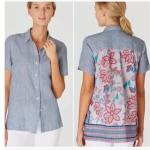J. Jill Linen Pinstripe Floral Back Button Shirt. Size Large.
